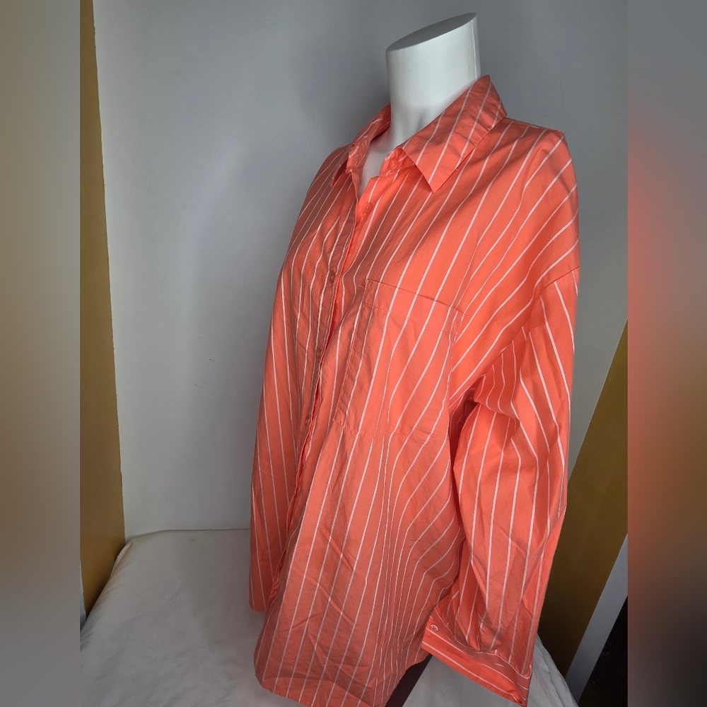 A New Day Size XXL Vibrant Coral Oversized Shirt with Subtle Stripes Button-up - Picture 2 of 11